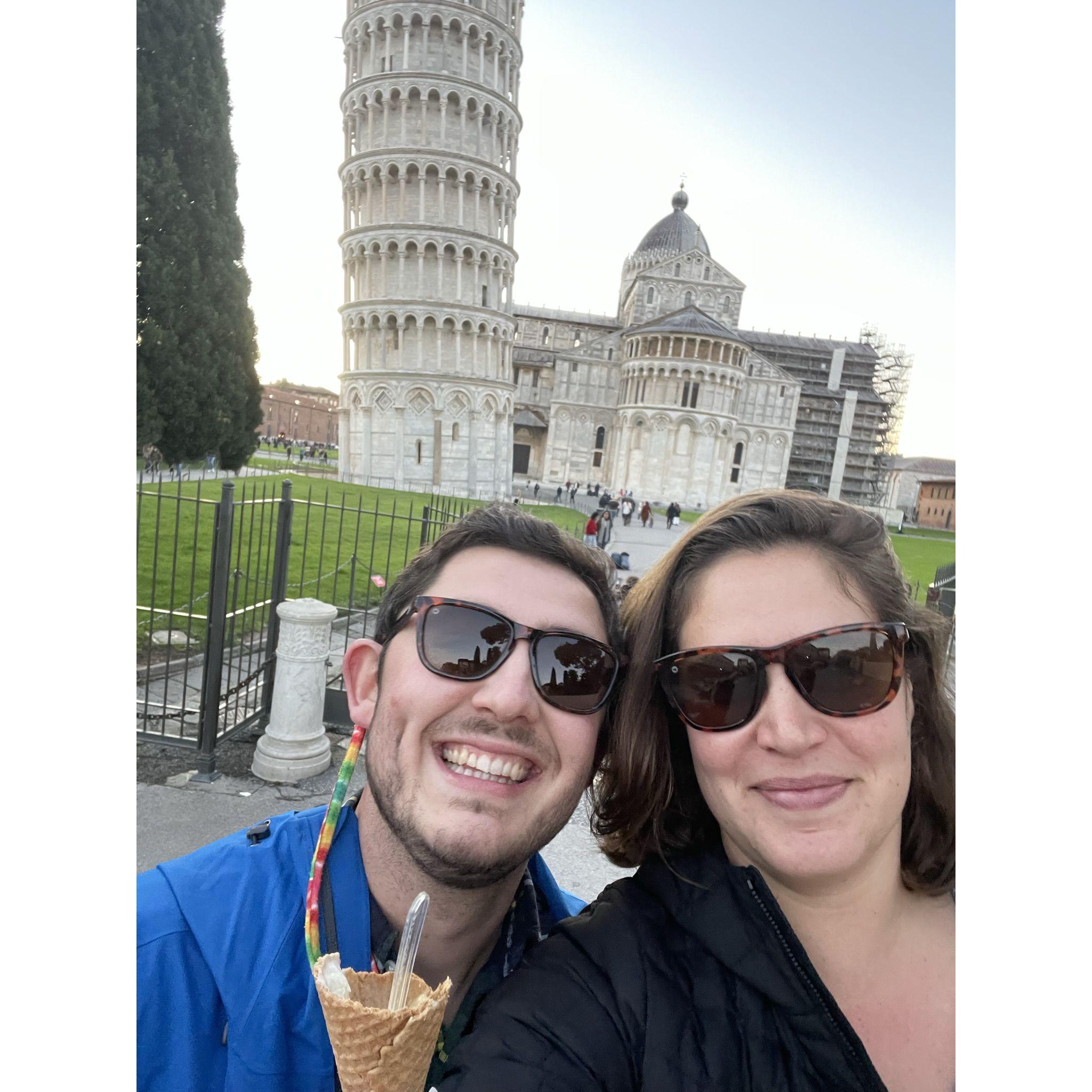 Leaning tower of Piza featuring a mostly eaten gelato cone (she ate hers quicker)