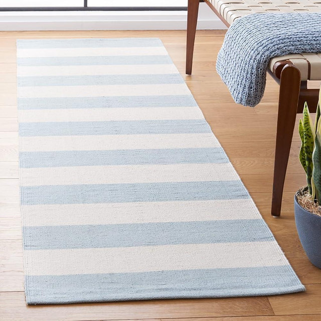 SAFAVIEH Montauk Collection Runner Rug - 2'3" x 9', Sky Blue & Ivory, Handmade Flatweave Cotton, Woven Texture, Farmhouse Stripe Pattern, Ideal for Bedroom, Kitchen, Hallway (MTK712K)