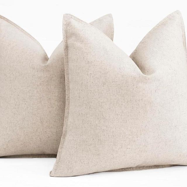 Foindtower Pack of 2 Decorative Cotton Linen Throw Pillow Covers Soft Modern Farmhouse Cushion Cover Cozy Vintage Accent Pillowcase for Couch Sofa Bed Living Room Home Decor, 18×18 Inch Light Beige