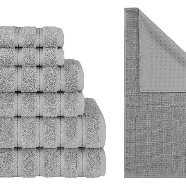 American Soft Linen 6 Piece Towel Set and 20X34 Bath Mat Bundle