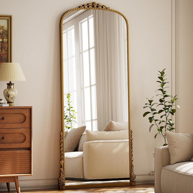 Easly Arched Full Length Mirror, 32'' x 71'' Gold Floor Body Mirror with Stand, Vintaged Elegant Carved Frame Mirror Full Length for Wall Decor, Living Room, Bedroom, Cloakroom, Entryway
