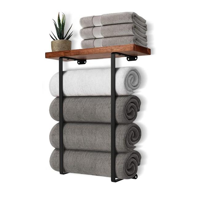 DAZUINIAO Towel Racks for Bathroom Wall Mounted with Wooden Shelf Bath Towel Holder for Rolled Towels Metal Towel Storage Organizer for Small Bathroom Decor or RV Camper Black