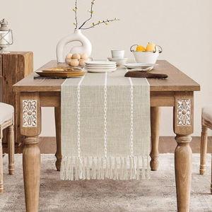 ZeeMart Farmhouse Braided Striped Table Runner, Rustic Beige Table Runners 48 Inches Long Boho Home Decor, Light Beige 15x48 Inches