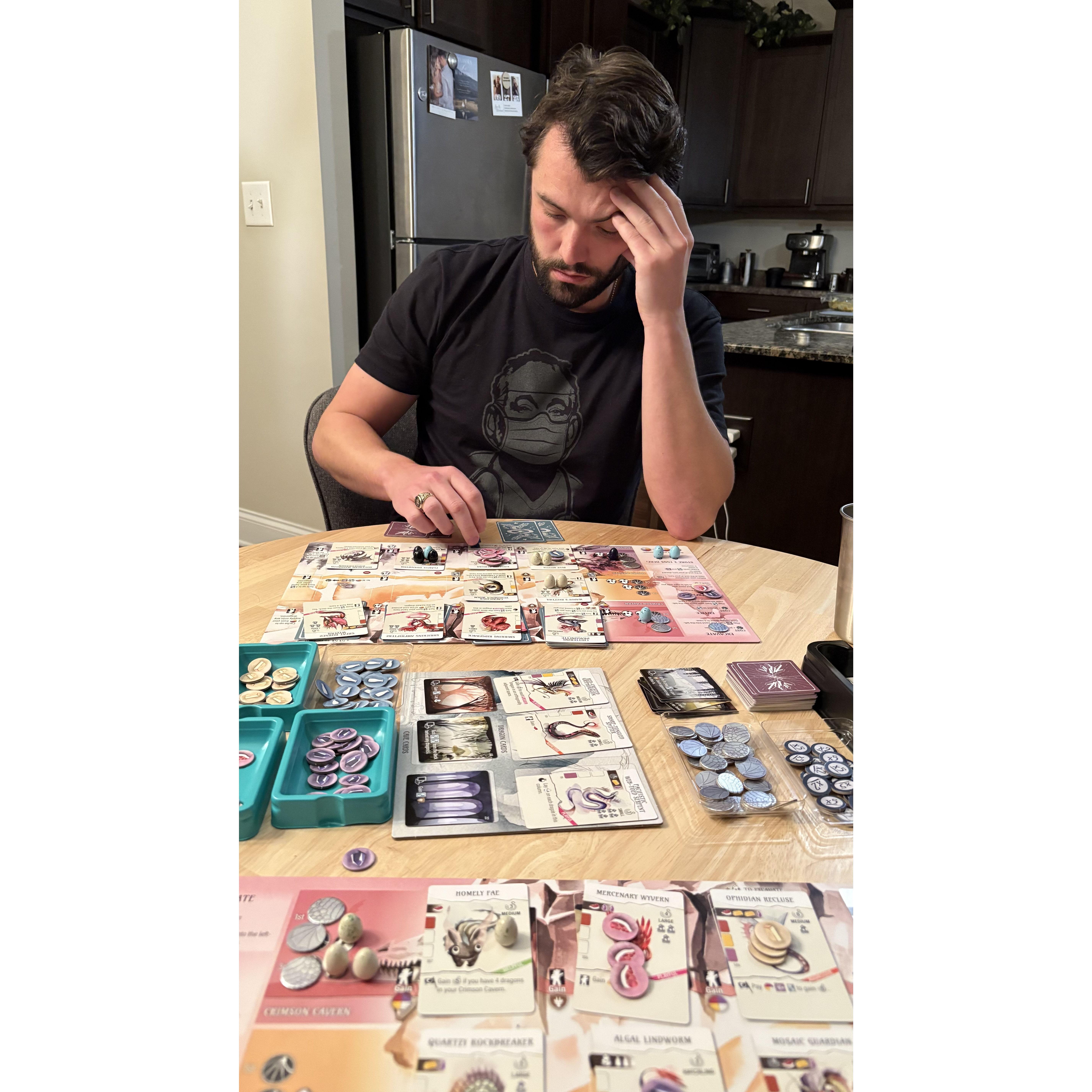 Our current favorite game (Wyrmspan) where Zac wins every time.