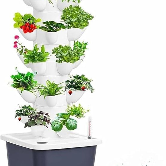 KUCKGO Vertical Hydroponic Tower Garden Growing System - Indoor Planter Kit with 30 Pods, Aeroponic-Style Tower for Herbs, Vegetables, Lettuce & Strawberries, Home Countertop Grow System, Gray