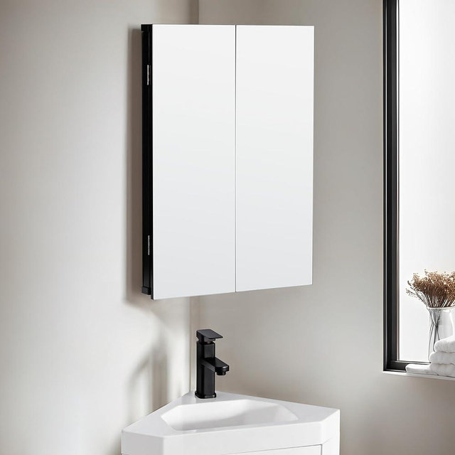 eclife 24" Bathroom Corner Medicine Cabinet W/Mirror, Double Doors Bathroom Black Wall Mount Mirror Cabinet, Hanging Triple Shelf Storage Cabinet Opens Left and Right