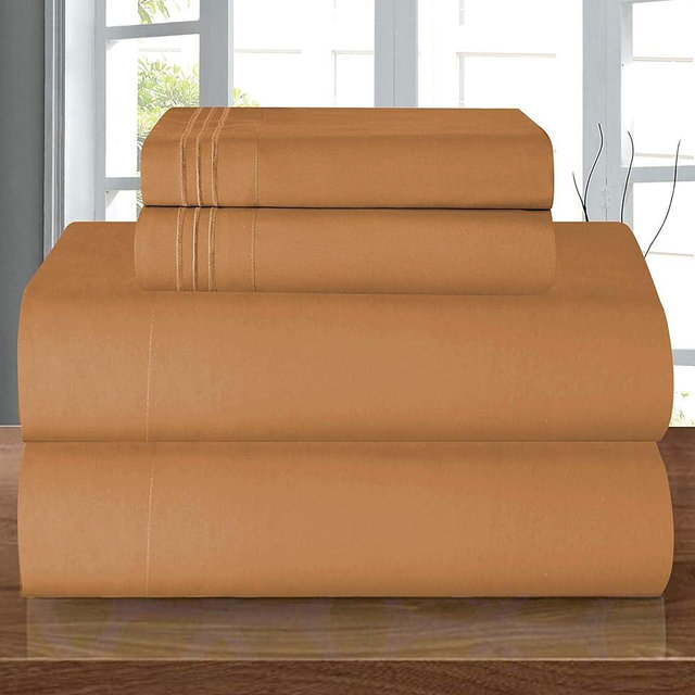 Elegant Comfort Luxury 1500 Premium Hotel Quality Microfiber 4-Piece Sheet Set - Wrinkle Resistant, All Around Elastic Fitted Sheet, Deep Pocket up to 16", California King, Light Brown