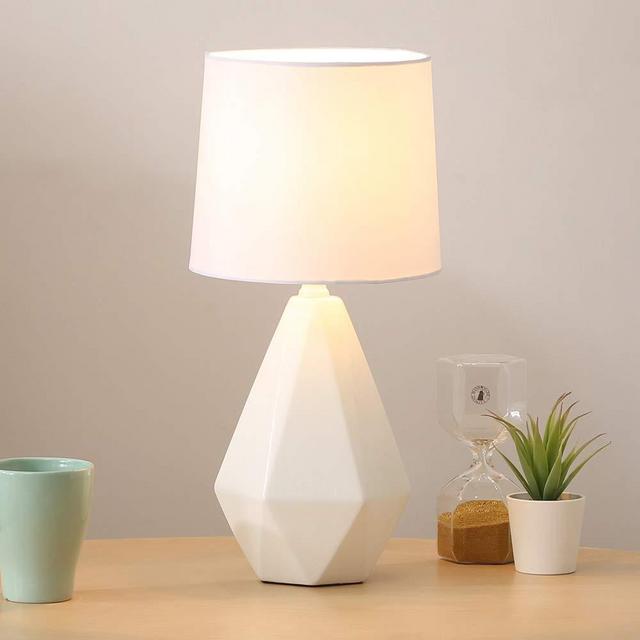 SOTTAE Modern Ceramic Small White Irregular Geometric Livingroom Bedroom Bedside Table Lamp, Desk Lamp with White Fabric Shade