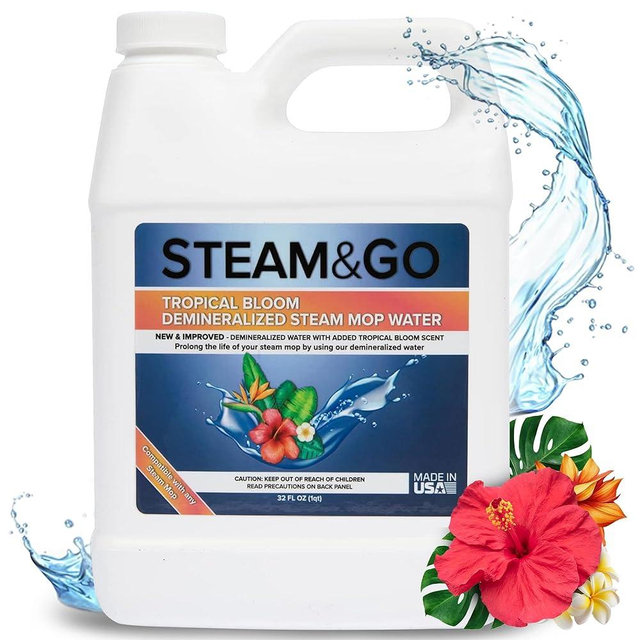 Steam & Go Demineralized Water for Steam Cleaner, PVC-Free Floor Cleaner Liquid Compatible With Any Mop Steamer, Ready-to-Use Multisurface Cleaner, Scented Mop Solution, Tropical Bloom, 32 oz