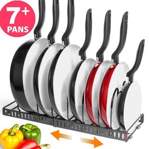 7+ Pans BetterThingsHome Expandable Pan Organizer Rack: Can Be Extended to 22.25", Total 7 Adjustable Compartments, Pantry Cupboard Bakeware Lid Plate Holder (7+ Pan Organizer)