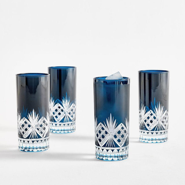 Antique Cut Highball Glasses, Set of 4 - Blue