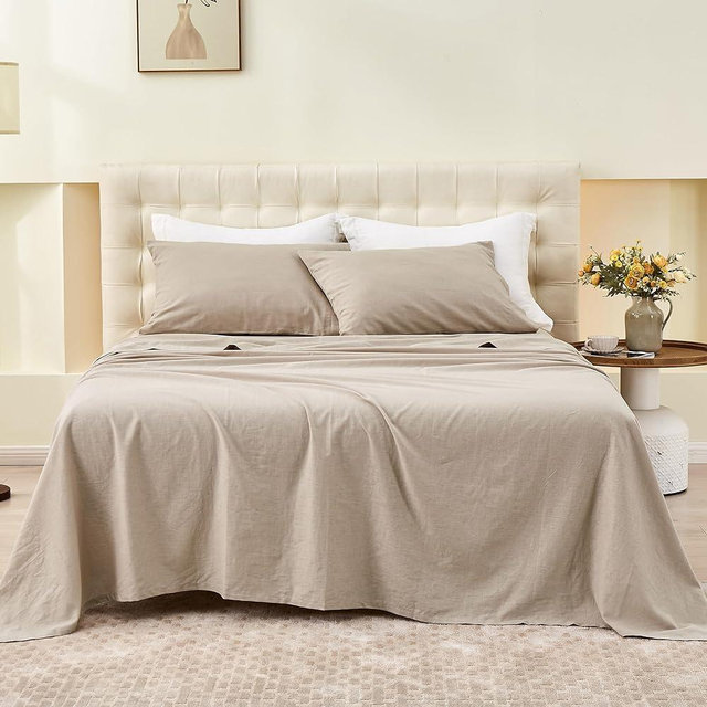 Simple&Opulence Belgian Linen Sheet Set Solid Color - Sheet Set 4PC - Cal King Natural Flax Cotton Blend Soft Bedding Breathable Farmhouse - Khaki, California King