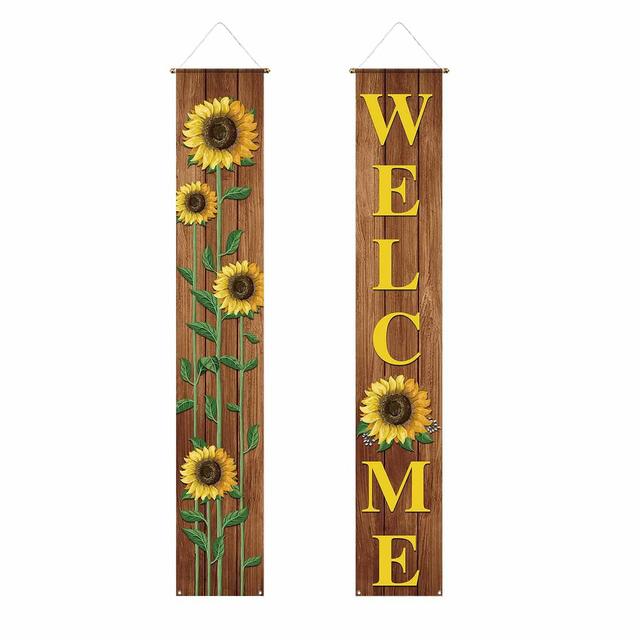 Funnytree Fall Summer Sunflower Brown Wood Texture Porch Sign Welcome Autumn Spring Floral