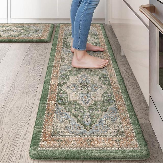 Sungea Farmhouse Kitchen Mats for Floor 2 Piece, Anti Fatigue Kitchen Mat Non-Slip Cushioned Vintage Rugs for Kitchen Floor,Comfort Standing Desk Mat for Office Laundry Sink(Green/Multi)