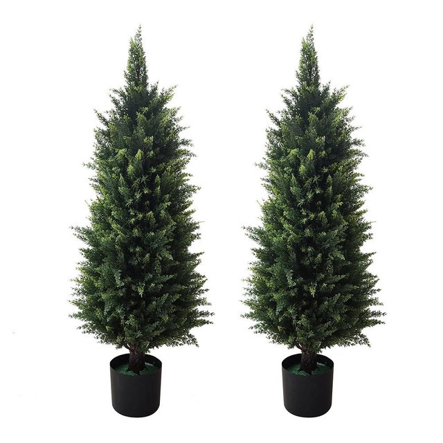 2 Pack 37 Inch Artificial Cedar Topiary Trees for Outdoor Front Porch Décor - UV Rated Fake Plants for Indoor and Outdoor Use, Potted Shrubs for Front Door, Office
