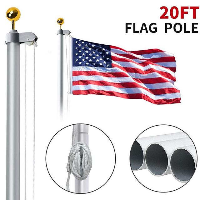 WeValor 20FT Sectional Flag Pole Kit, Extra Thick Heavy Duty Aluminum Outdoor In ground Flagpole with Free 3x5 Polyester American Flag and Golden Ball, for Residential or Commercial, Silver