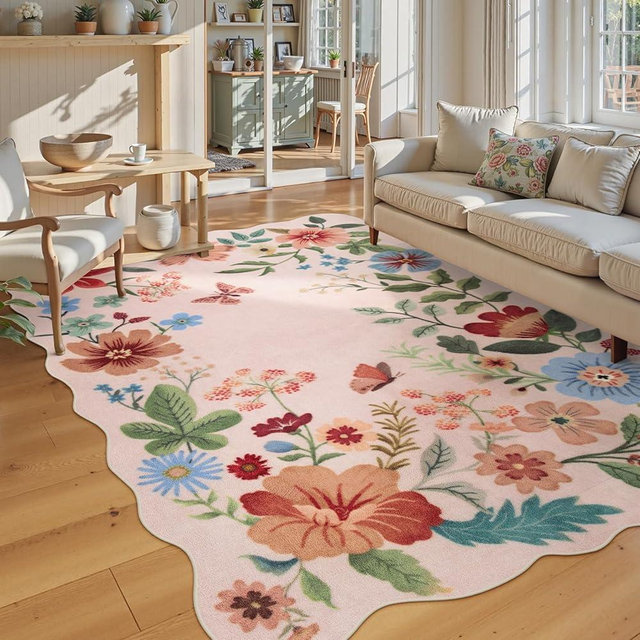 Lahome Floral Living Room Rugs, Pink Area Rugs 5x7 Rug for Bedroom Ultra-Thin Soft Non-Slip Washable Rugs Stain Resistant Throw Boho Carpet for ‎‎Nursery Classroom Flore, Light Pink
