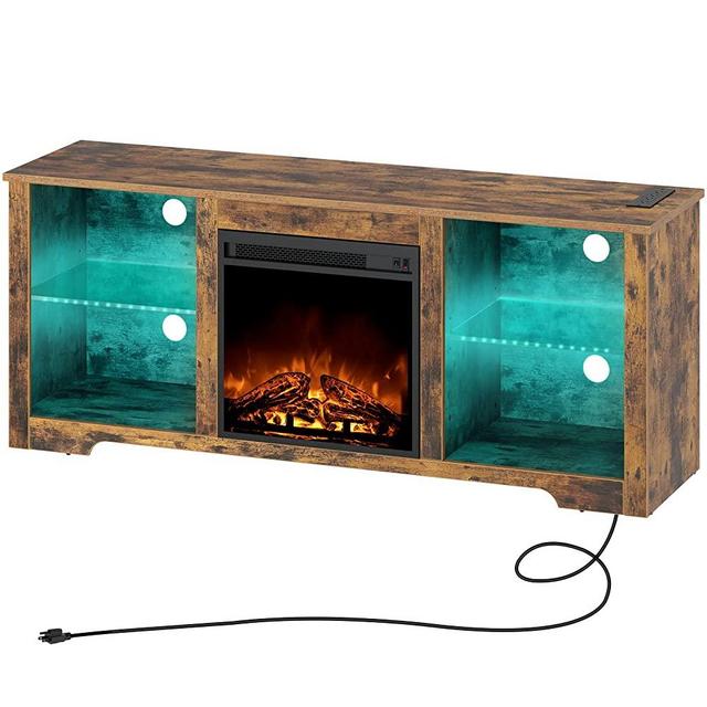 Rolanstar Fireplace TV Stand 57.9" with Led Lights and Power Outlets, TV Console for TVs up to 65", Entertainment Center with Adjustable Glass Shelves, Rustic Brown