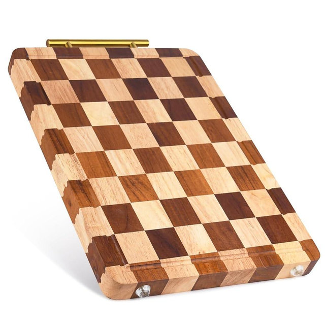 Checkered Cutting Board for Kitchen, Rubber Wood Cutting Boards, Chopping Board with Juice Grooves & Stainless Steel Handles, Butcher Block Serving Tray with Gift Box，14.9"×11"×1.18"