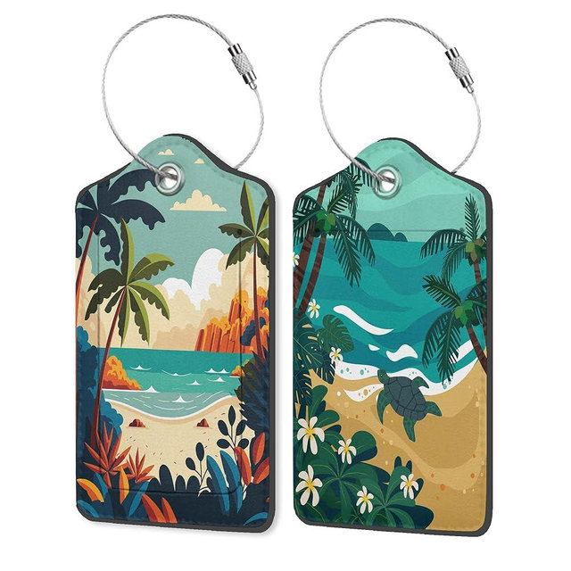 Cartoon Palm Tree, Ocean PU Leather Luggage Tags for Suitcase, Turtle on The Beach Travel Cruise 2 Pack with Privacy Flap, Name ID Label and Metal Loop for Women Men Baggage Backpack