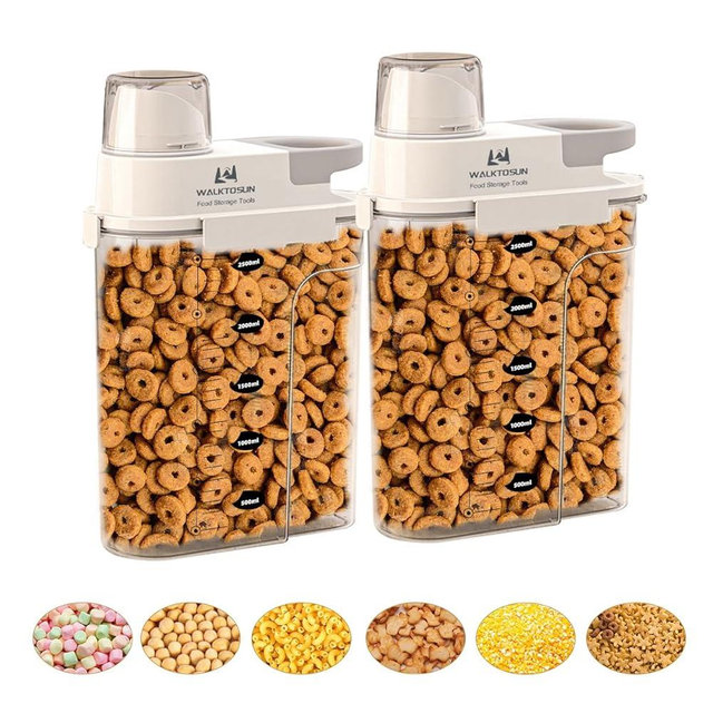 Walktosun Covered dry food cereal storage containers,cereal storage containers, portable food storage containers with measuring cups, pet dog and cat food storage containers2500ml (gray, 2pcs)