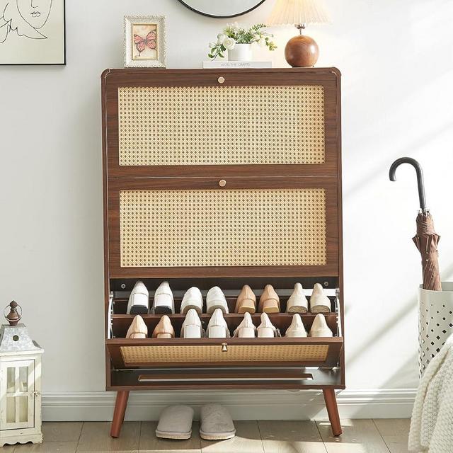 Anewome Rattan Shoe Cabinet with 3 Flip Drawers, 24 Pairs Shoe Storage Cabinet for Entryway Freestanding Hidden Shoe Rack with Drawer Slim Shoe Organizer for Hallway, Living Room, Walnut