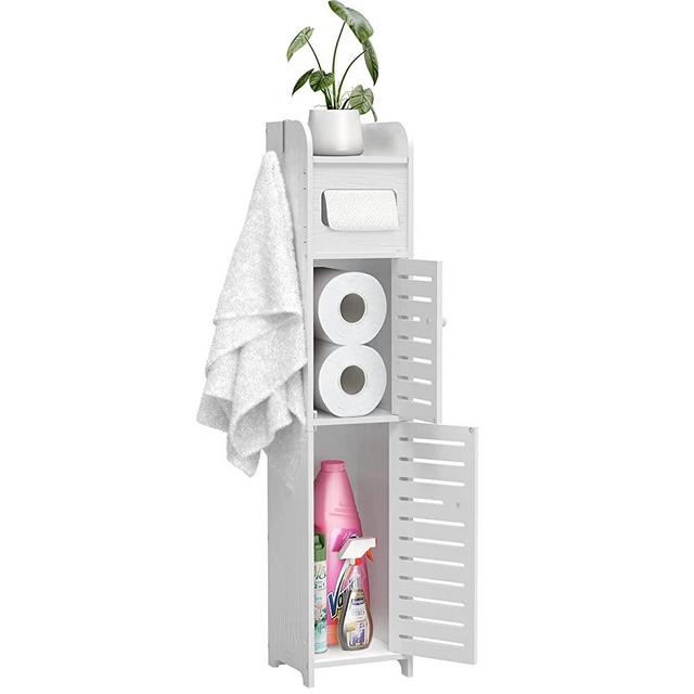 WODETREE Upgrade Small Bathroom Storage Cabinet with 2 Doors and 2 Shelves, W6.1 x D6.1 x H31.5 Bathroom Organizer, 4 Tier Design Toilet Paper Storage Stand for Small Space and Corner(White)