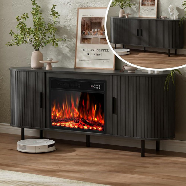 Eueiriup 65" Fluted Fireplace TV Stand for TVs Up to 75 inches, Modern Entertainment Center with 23" Electric Fireplace, Wooden Curved TV Console with Sliding Doors for Living Room, Black
