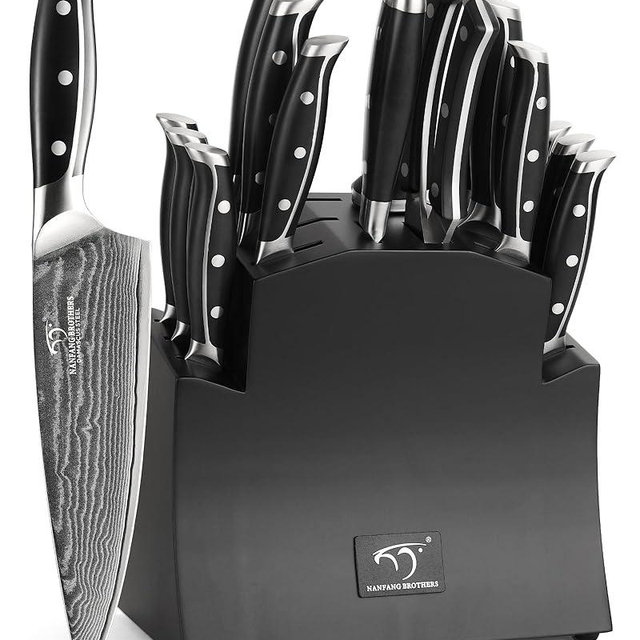 16PCS Damascus Kitchen Knife Set with Block, Razor Sharp VG10 67-Layer Steel and Triple Rivet Handle, 6 Serrated Steak Knives, Meat Fork, Knife Sharpener, Kitchen Scissor, Chef Knife Set, Black