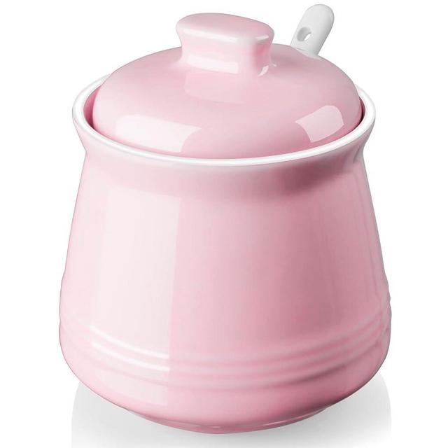 DAYYET Sugar Bowl with Lid and Spoon - 12 oz Ceramic Sugar Bowl with Spoon - Sugar Container for Coffee Bar - Sugar Jar Sugar Dispenser Bowl - Pink Kitchen Decor and Accessories
