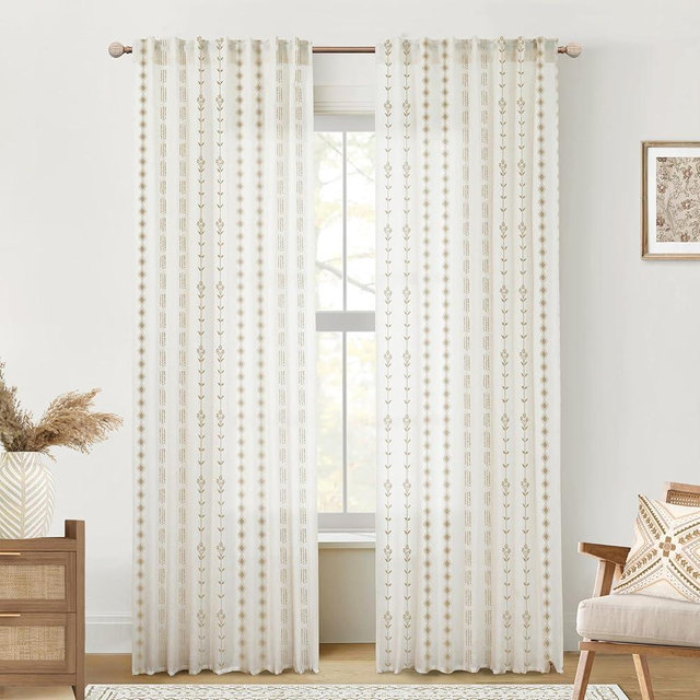 Dark Brown and Cream Beige Sheer Linen Curtains 96 Inches Long,Boho Floral Earthy Room Decor for Living Room 2 Panel Set