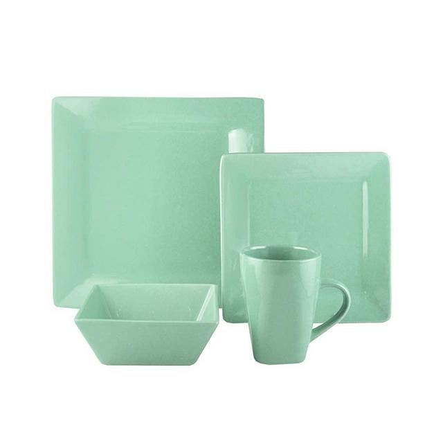 American Atelier 7218-16-RB Casual Dinnerware Set – 16-Piece Stoneware Party Collection w/ 4 Dinner Salad Plates, 4 Bowls & 4 Mugs – Gift Idea for Any Occasion, Square, Green