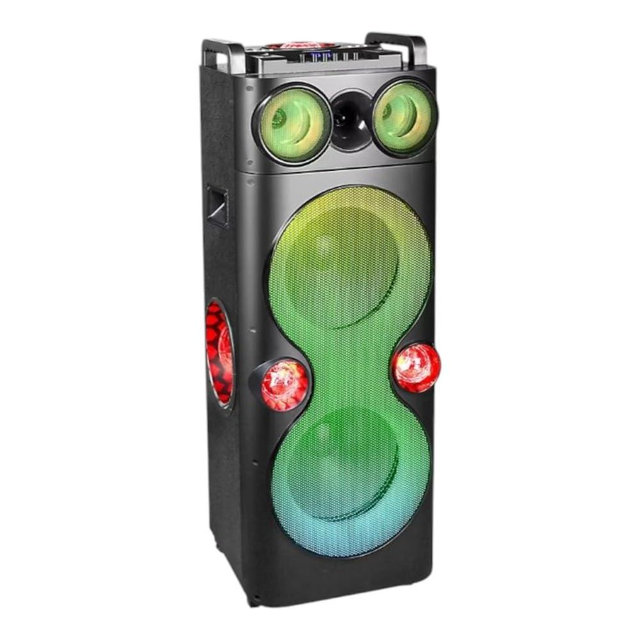 QFX PBX-1260 Dual 12" Party Speaker with Rechargeable Battery and LED Lights, Microphone, USB & AUX-in Input, FM Radio, Treble Bass & Echo Controls, 6-8 Hours Battery Life