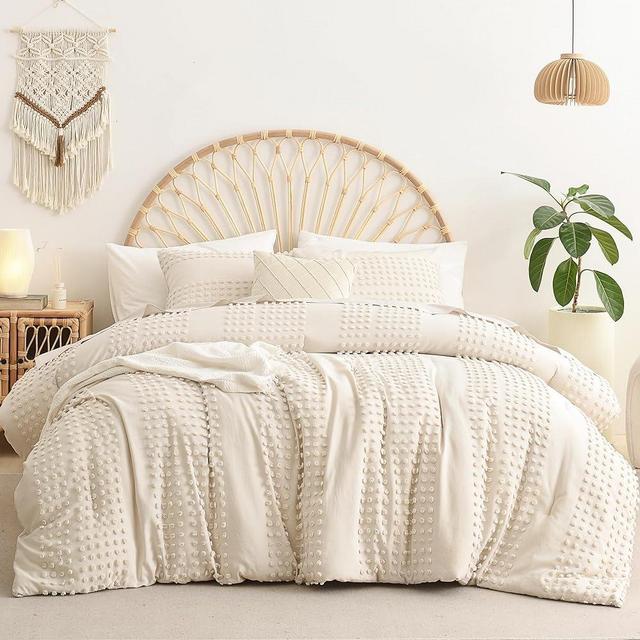 Litanika California King Size Comforter Set Beige, Cal King Boho Tufted Comforter with Jacquard Pom, Dots Shabby Chic Bed Set,Lightweight Bedding 3 Pieces (104x96 inches)