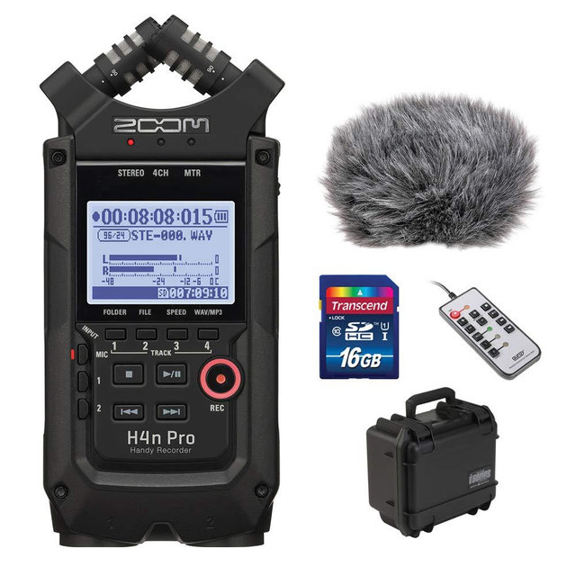 Zoom H4n Pro All Black 4-Track Portable Recorder (2020 Model) with Windscreen, Mic Attenuator Cable, 16GB Memory Card & Remote Control Bundle
