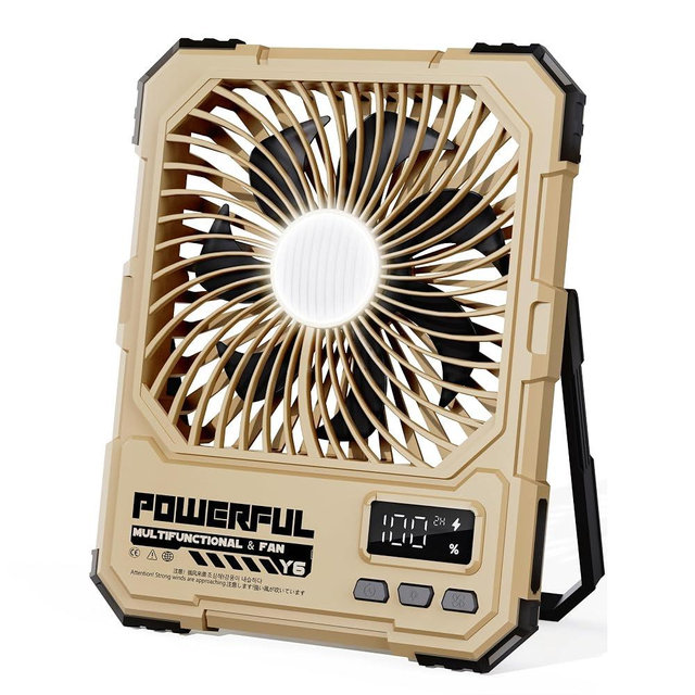 NAOIY Portable Fan, Camping Fan, 20000mAh 6-Inch 18-85H Rechargeable Ultra Thin Foldable with Built-in Power Bank, LED Light, Remote Control, Hook for Outdoor Camping Tent RV Travel (Khaki)