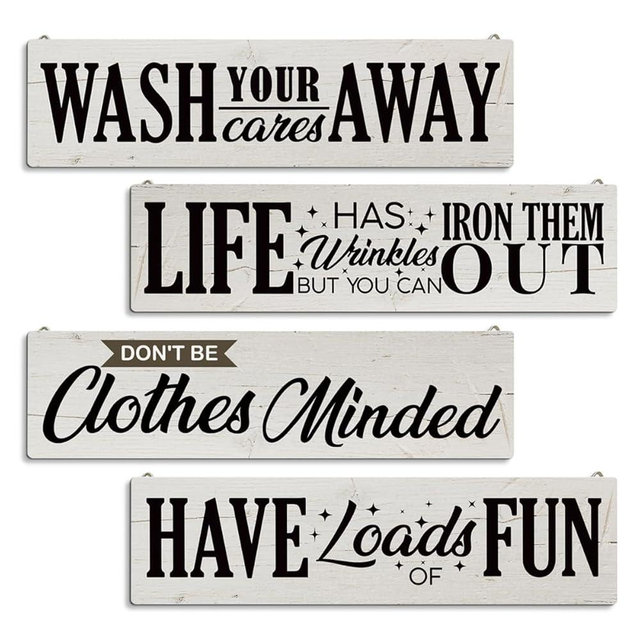 4 Pcs Laundry Room Decors, Four Pieces Hanging Wall Plaques, Funny Laundry Room Wall Art, Farmhouse Laudry Quotes Sign, Wall Decor Art, Wash Away - Life Out - Clothes Minded - Have Loads of Fun Sign
