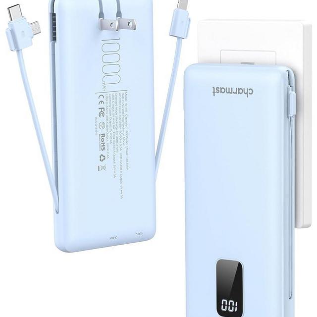 Charmast Portable Charger with Built-in Cables & Wall Plug, 10000mAh Portable Power Bank, External Battery Pack Travel Essentials Compatible with iPhone 16/15/14/13, Samsung, iPad etc
