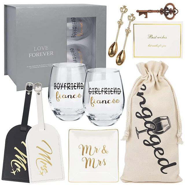 Engagement Gifts for Couples - Unique Bridal Shower Gift Box Wine Glasses Kit Mr & Mrs Ring Dish Honeymoon Luggage Tags for Him and Her - Personalized Wedding Gifts for Bride and Groom "