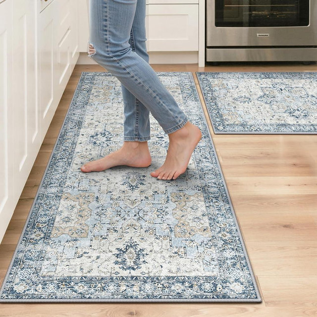 GENIMO Kitchen Rugs Non Slip Washable, 2PCS Kitchen Mats for Floor, Cushioned Standing Mat, Kitchen Runner Rug Floor Mat for Hallway, Laundry, Sink, Entryway, Home, 20"x32"+20"x48", Blue
