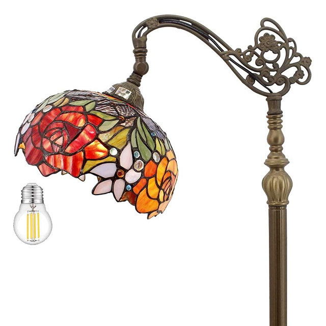 Rose LED Tiffany Floor Lamp 64" Tall Industrial Pole Vintage Boho Stained Glass Standing Corner Arc Bright Reading Soft Light Arched Gooseneck Adjustable-Living Room Kids Bedroom Farmhouse WERFACTORY