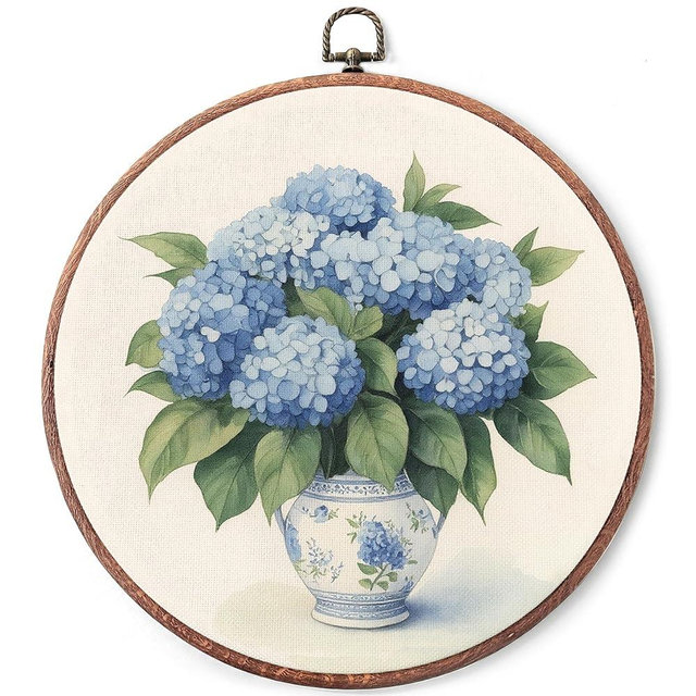 Threegoat Chinoiserie Spring Floral Framed Round Wall Art,Blue and White Hydrangea Flowers Wall Art Decor for Bedroom,Vintage Wall Hanging Decor for Grand Millenial Grandmillennial Home - A01