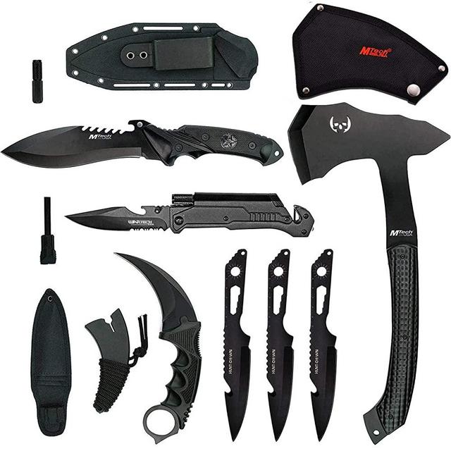 Blade Factory 7pc Tactical Set Full Tang Fixed Blade Knife Spring Assisted Multi Tool Pocket Knife Karambit Claw Knife Tomahawk Throwing Axe 3pc Throwing Knives Set | Holt Multi-Tool Key Chain