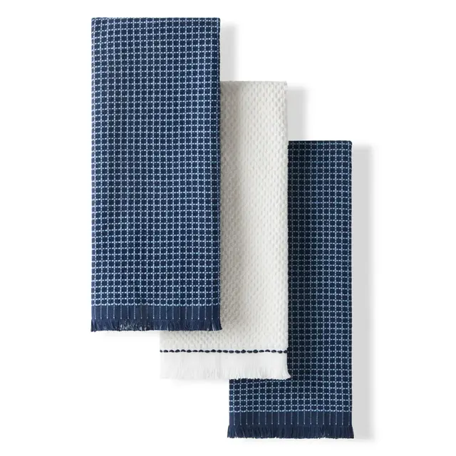 KITCHENAID Gourmet Series Gridlines Kitchen Towels 3-Pack Set, 100% Cotton Absorbent, Ink Blue, 18"x28"