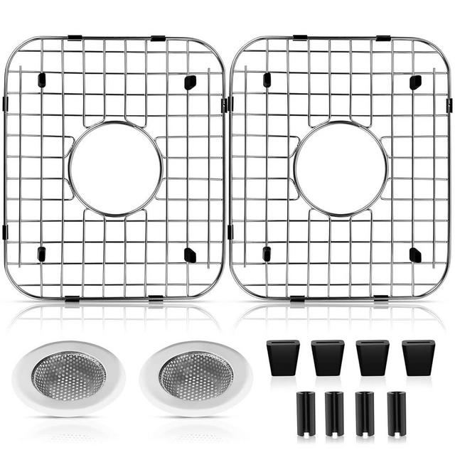 ARLBA 2 Pack 304 Stainless Steel Sink Protectors for Kitchen Sink W/Center Drain,13.62"x11.5"x1.25" Sink Grid Protection,Sink Grate Sink Rack for Bottom of Sink w/ 2Pack Sink Strainers
