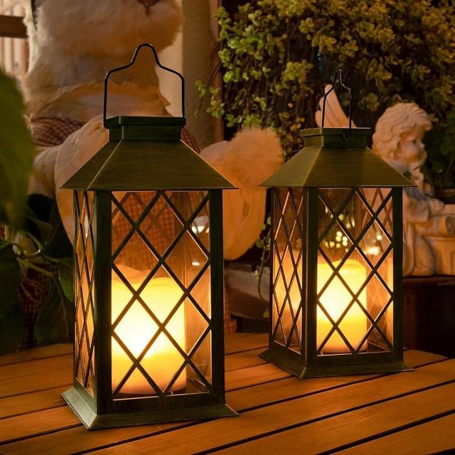 TAKE ME 14" Solar Lanterns Outdoor Waterproof Garden Lanterns Large Flickering Flameless Candle Mission Lights for Table,Outdoor,Party ( 2 Packs)