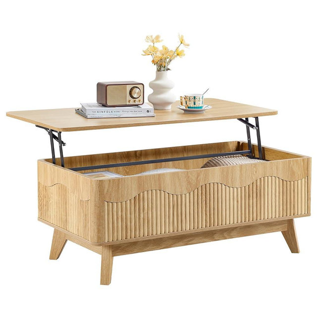 BERRYMERRY Lift Top Coffee Table with Hidden Storage, Farmhouse Fluted Coffee Table with Wave Profile, Rising Top Rectangular Center Table for Living Room (Natural Oak)