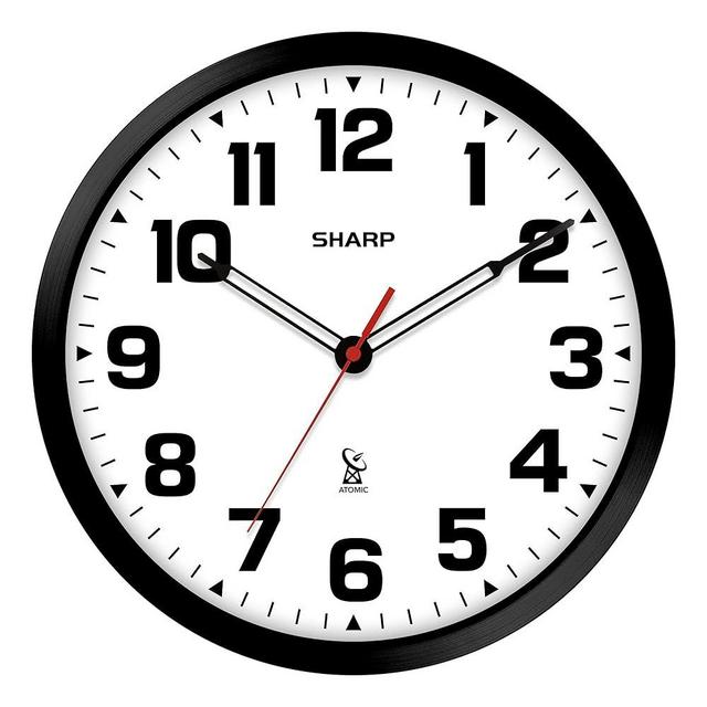 Sharp Atomic Analog Wall Clock - 12" Black Stylish Frame - Sets Automatically- Battery Operated - Easy to Read - Easy to Use – Modern Design and Style