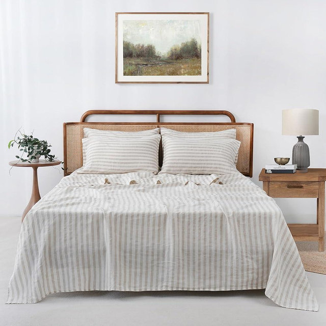 S VICTORY SYMBOL 100% Organic Linen Sheets Set,Yarn Dyed Classic Beige Striped Sheets,French Natural Stone Washed Flax Bedding Set King Size,4pcs Farmhouse Faux Bed Sheets