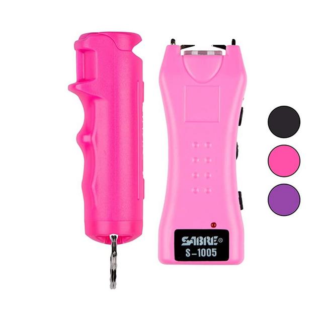SABRE RED Pepper Spray Keychain & Stun Gun for Self-Defense — Police Strength OC Spray Plus Rechargeable, Small Stun Gun with Flashlight & Holster – Flip Top is Easier & Faster to Use Under Stress